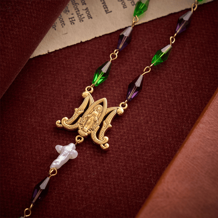 Christianartworkshop Purple Emerald Elongated Diamond-Cut Rosary With Marian Medal & Rose Cross - image 7