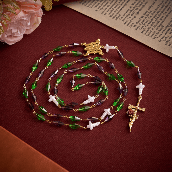 Christianartworkshop Purple Emerald Elongated Diamond-Cut Rosary With Marian Medal & Rose Cross - image 5