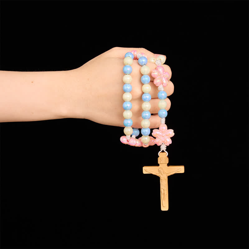 Christianartworkshop Sky Blue Cream Iridescent Floral Children Rosary With Boxwood Crucifix - image 1
