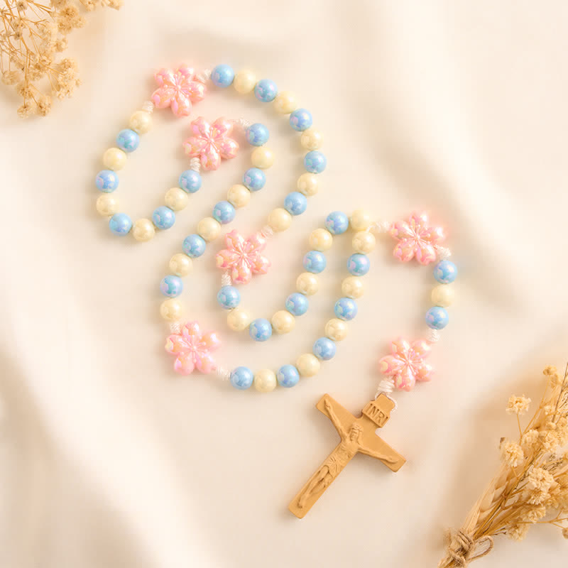 Christianartworkshop Sky Blue Cream Iridescent Floral Children Rosary With Boxwood Crucifix - image 2
