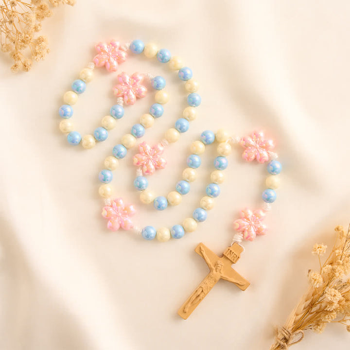 Christianartworkshop Sky Blue Cream Iridescent Floral Children Rosary With Boxwood Crucifix - image 2