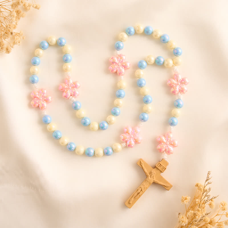 Christianartworkshop Sky Blue Cream Iridescent Floral Children Rosary With Boxwood Crucifix - image 3