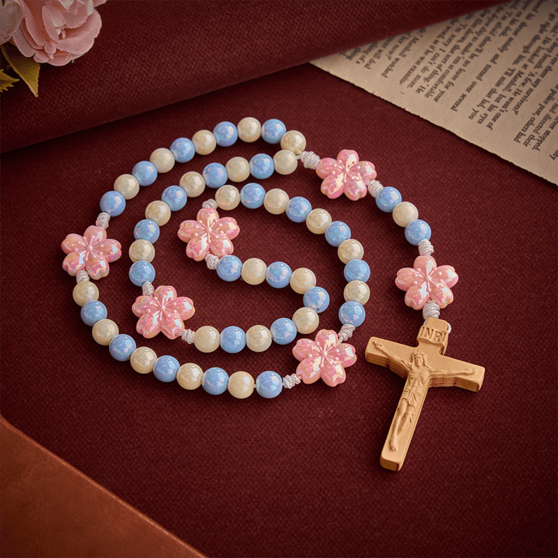 Christianartworkshop Sky Blue Cream Iridescent Floral Children Rosary With Boxwood Crucifix - image 4