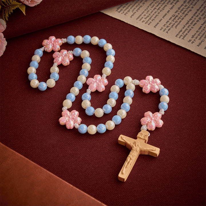 Christianartworkshop Sky Blue Cream Iridescent Floral Children Rosary With Boxwood Crucifix - Blue & Beige Blossoms Rosary - image 0