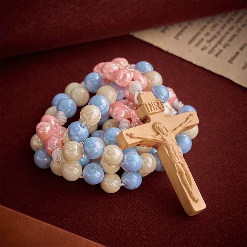 Christianartworkshop Sky Blue Cream Iridescent Floral Children Rosary With Boxwood Crucifix - image 5
