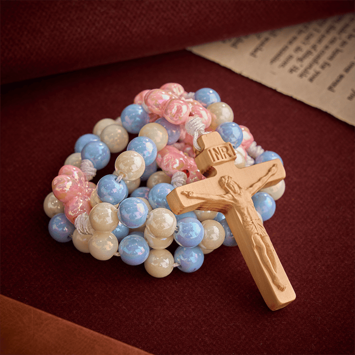 Christianartworkshop Sky Blue Cream Iridescent Floral Children Rosary With Boxwood Crucifix - image 5