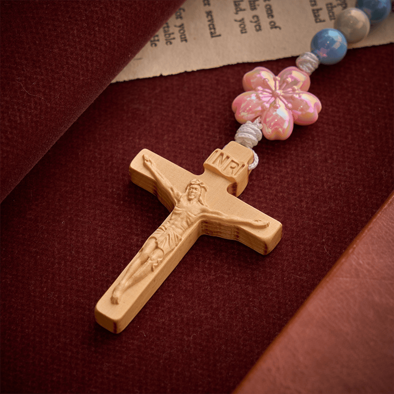 Christianartworkshop Sky Blue Cream Iridescent Floral Children Rosary With Boxwood Crucifix - image 8