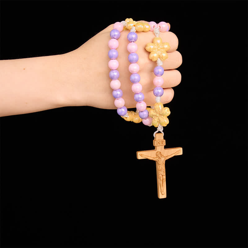 Christianartworkshop Macaron Pink Lavender Floral Children Rosary With Boxwood Crucifix - image 1