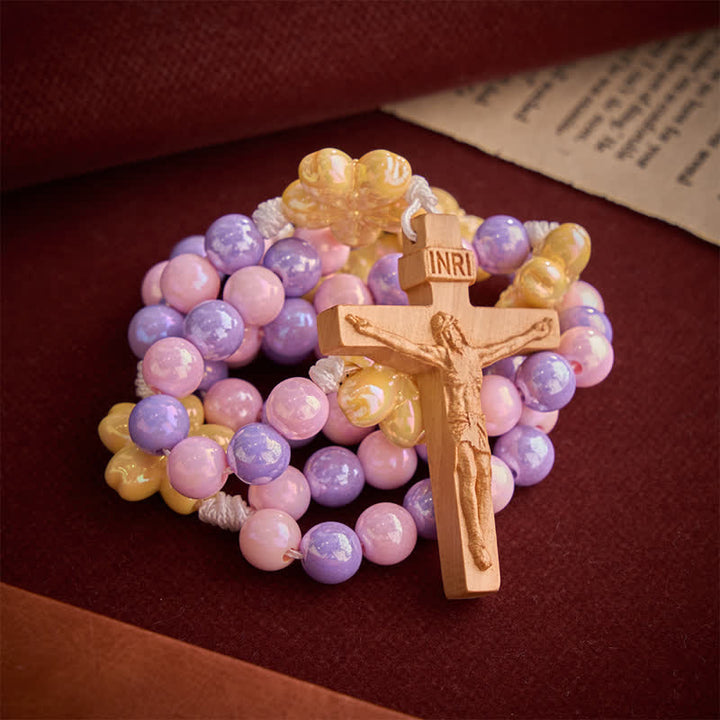 Christianartworkshop Macaron Pink Lavender Floral Children Rosary With Boxwood Crucifix - image 5