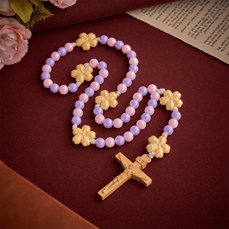 Christianartworkshop Macaron Pink Lavender Floral Children Rosary With Boxwood Crucifix - Macaron Pink Lavender Floral Rosary - image 0