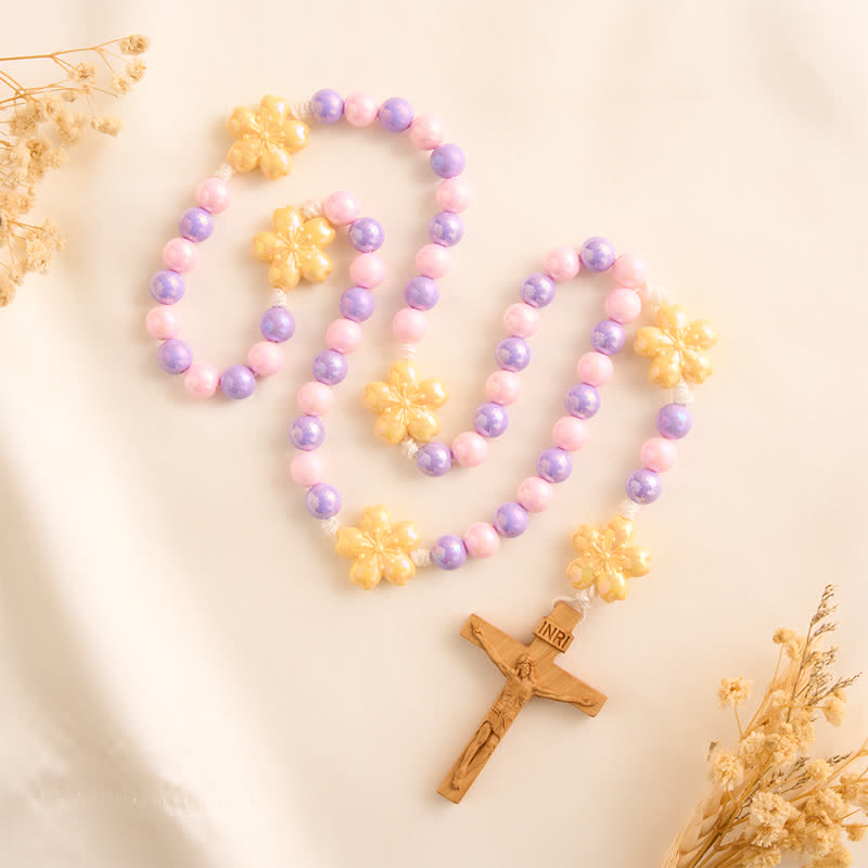 Christianartworkshop Macaron Pink Lavender Floral Children Rosary With Boxwood Crucifix - image 2