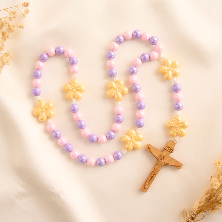 Christianartworkshop Macaron Pink Lavender Floral Children Rosary With Boxwood Crucifix - image 3
