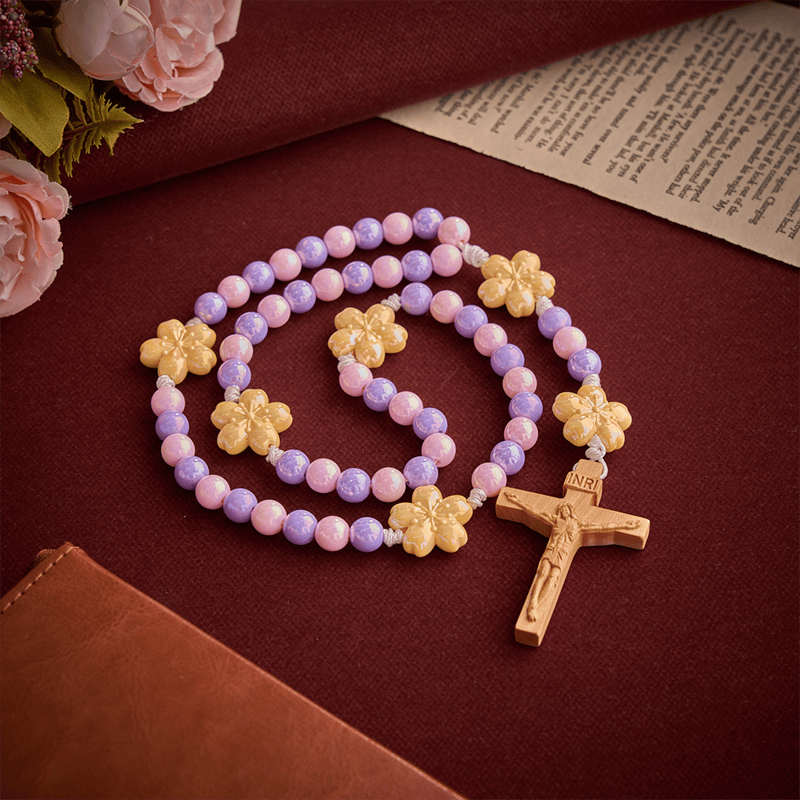 Christianartworkshop Macaron Pink Lavender Floral Children Rosary With Boxwood Crucifix - image 4