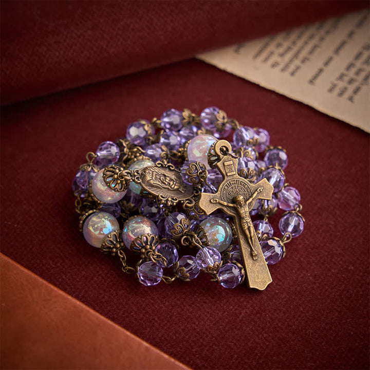 Christianartworkshop Lavender Brigittine Six-Decade Rosary With St.Benedict Crucifix: Emblem of Timeless Benedictine Blessing - Lavender Iridescent Brigittine Rosary - image 0