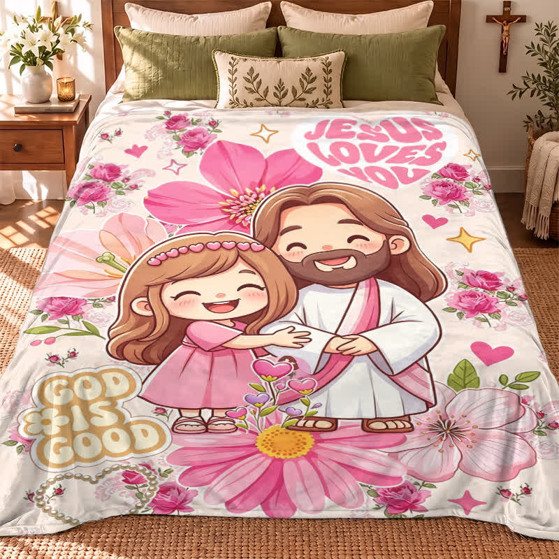 Christianartworkshop Floral Cartoon Jesus Hug Polyester Blanket - image 0