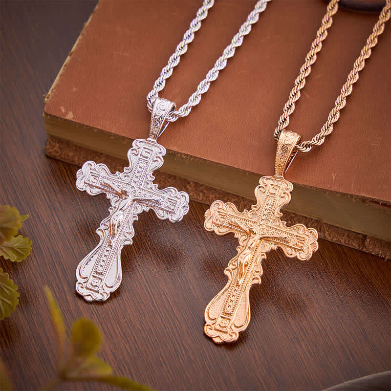 Christianartworkshop Antique Pattern Copper Crucifix Pendant Necklace: Vessel of Warm Heavenly Solace - image 0