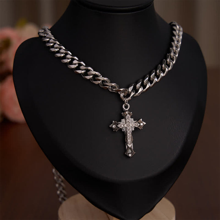 Christianartworkshop Ornate Zircon Inlaid Cross Titanium Steel Cuban Link Necklace - image 1