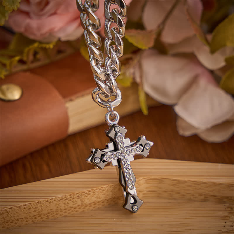 Christianartworkshop Ornate Zircon Inlaid Cross Titanium Steel Cuban Link Necklace - image 2