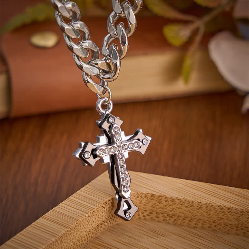 Christianartworkshop Ornate Zircon Inlaid Cross Titanium Steel Cuban Link Necklace - 21.65''/55cm - image 0