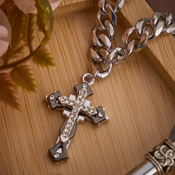 Christianartworkshop Ornate Zircon Inlaid Cross Titanium Steel Cuban Link Necklace - image 3