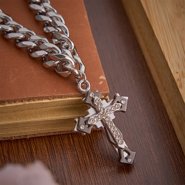 Christianartworkshop Ornate Zircon Inlaid Cross Titanium Steel Cuban Link Necklace - image 4