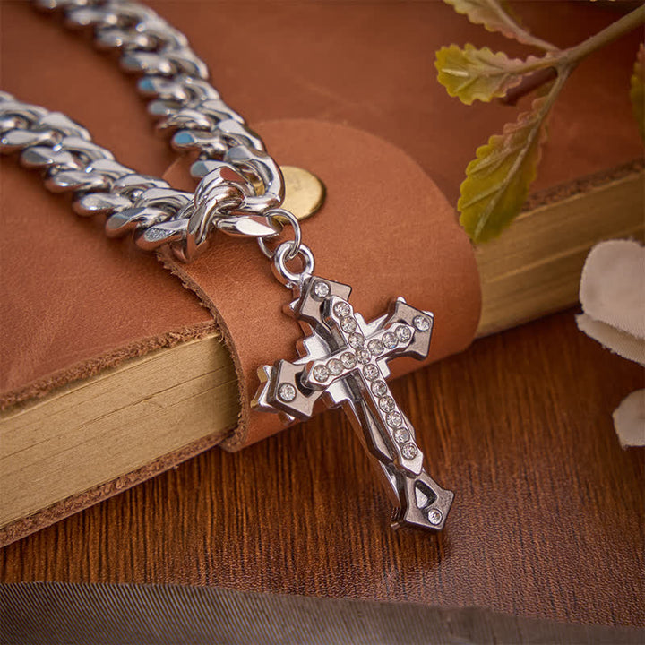 Christianartworkshop Ornate Zircon Inlaid Cross Titanium Steel Cuban Link Necklace - image 5