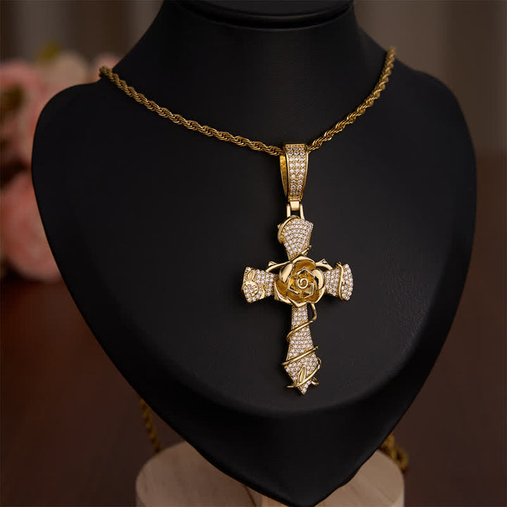 Christianartworkshop Iced Rose Ziron & Brass Cross Pendant Necklace - image 2