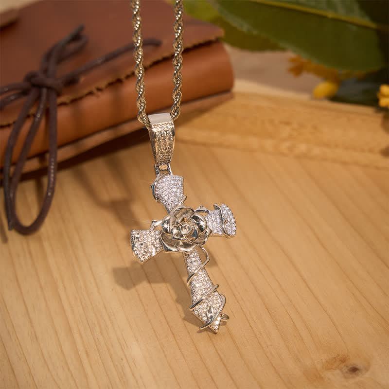 Christianartworkshop Iced Rose Ziron & Brass Cross Pendant Necklace - Silver - image 4