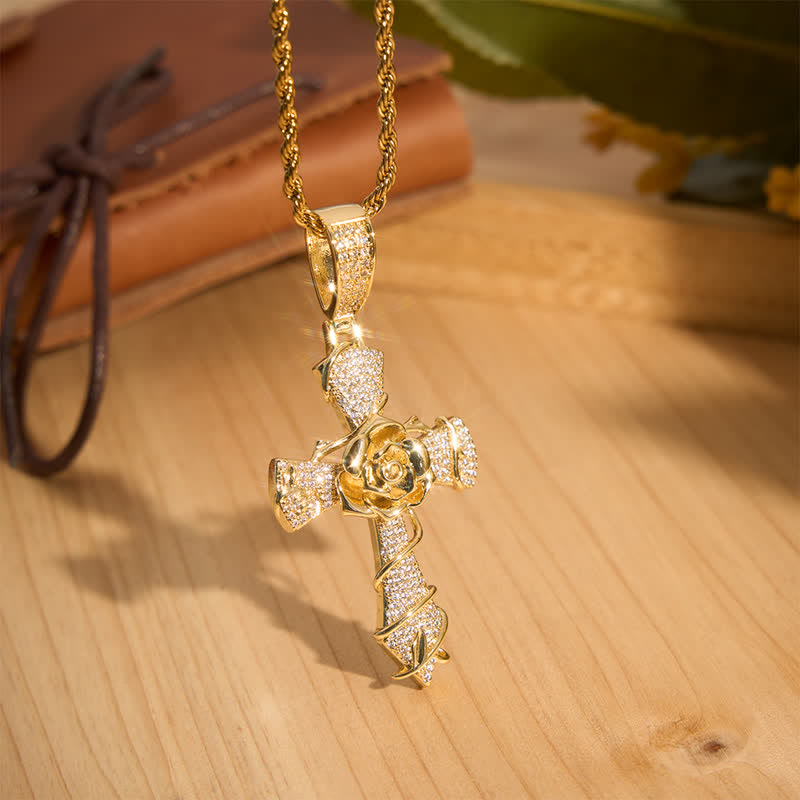 Christianartworkshop Iced Rose Ziron & Brass Cross Pendant Necklace - Golden - image 3