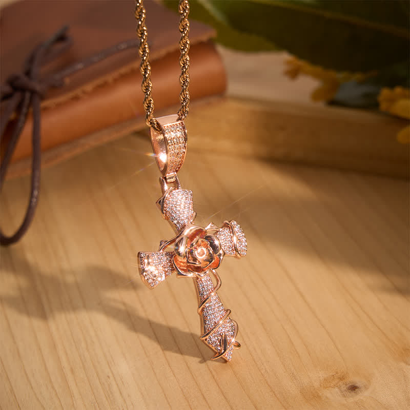 Christianartworkshop Iced Rose Ziron & Brass Cross Pendant Necklace - Rose Gold - image 5