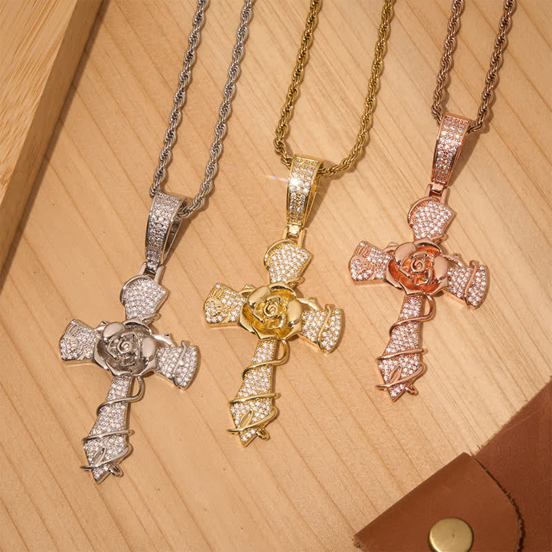 Christianartworkshop Iced Rose Ziron & Brass Cross Pendant Necklace - image 1