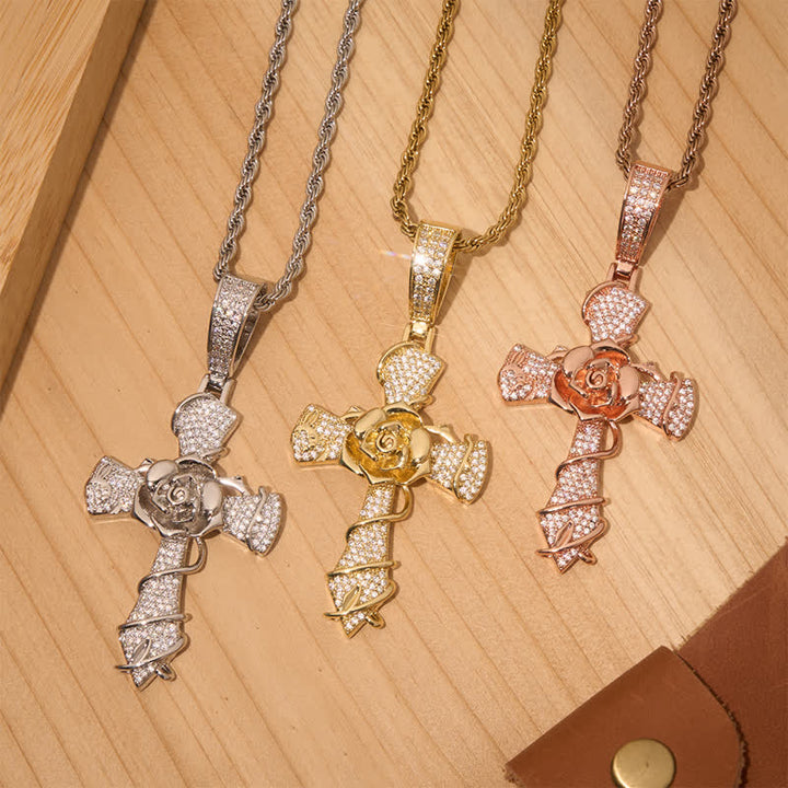 Christianartworkshop Iced Rose Ziron & Brass Cross Pendant Necklace - image 1