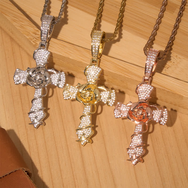 Christianartworkshop Iced Rose Ziron & Brass Cross Pendant Necklace - image 0