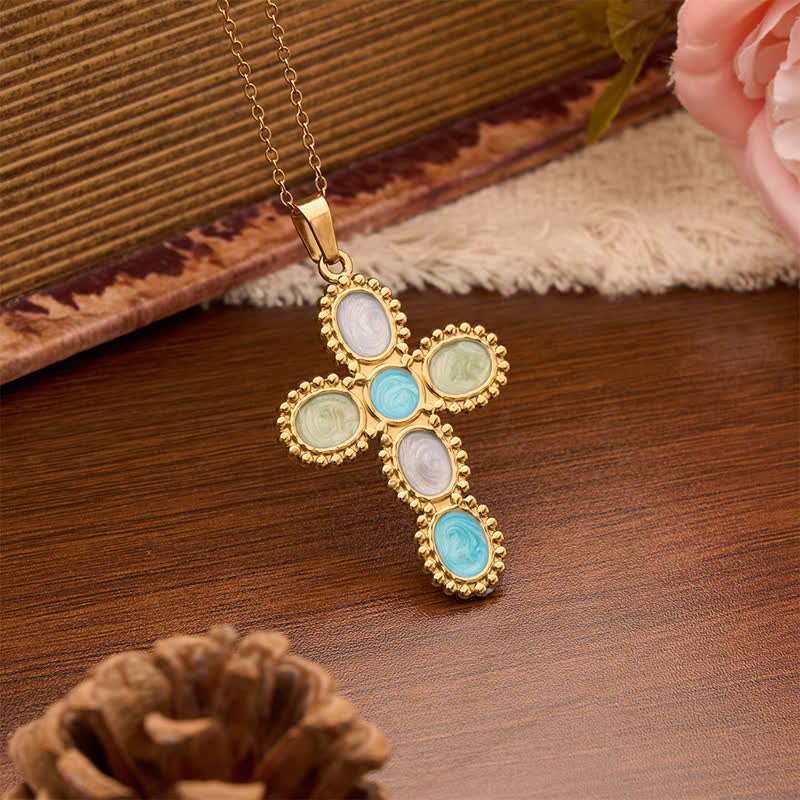 Christianartworkshop Whirl Texture Drip Oil Framed Cross Necklace: Emblem of Calm Celestial Care - Oval Cross - image 4