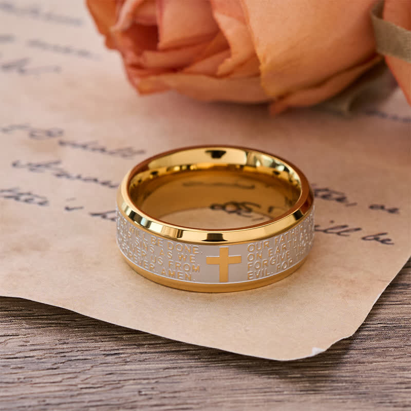 FREE Today: Deep Engraved Cross Lord’s Prayer Stainless Steel Wide Band Ring: Emblem of Abiding Heavenly Faith - Golden Two-Tone - US 13 - image 3