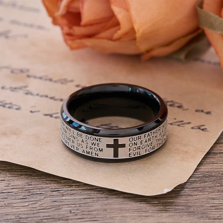 FREE Today: Deep Engraved Cross Lord’s Prayer Stainless Steel Wide Band Ring: Emblem of Abiding Heavenly Faith - Black Two-Tone - US 13 - image 5