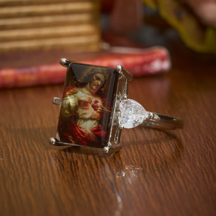Christianartworkshop Radiant Sacred Heart Jesus Copper Ring: Sign of Warm Heavenly Shelter - Silver - US 10 - image 4