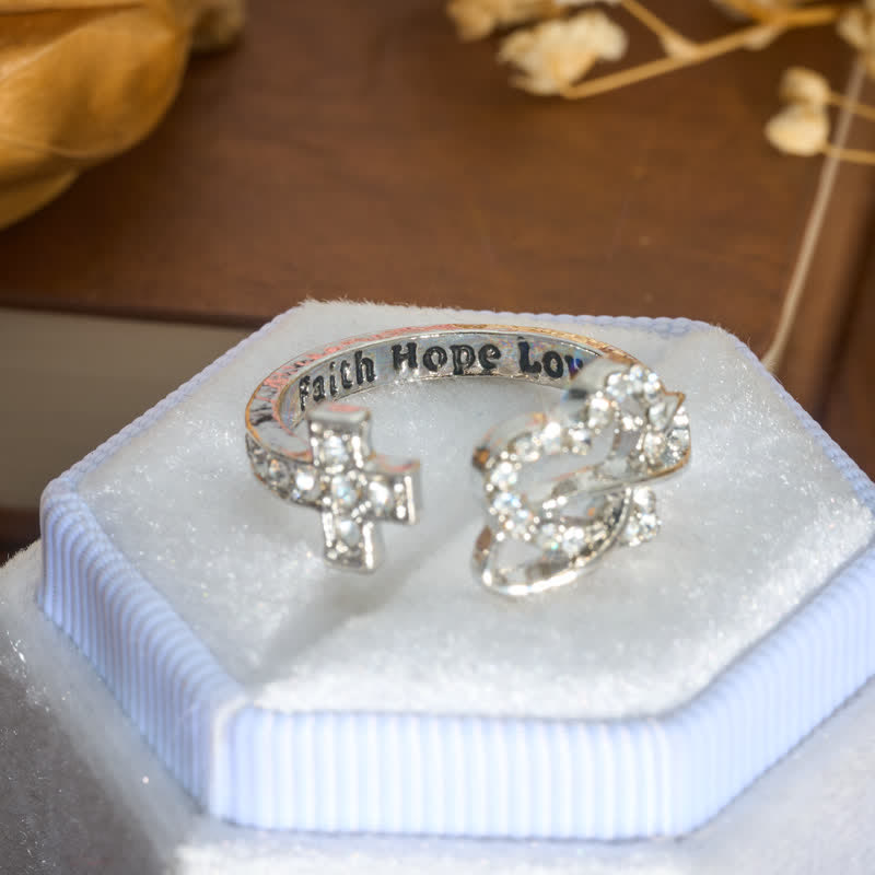 Christianartworkshop Faith Hope Love Engraved Adjustable Alloy Cross & Infinity Heart Ring - Cross(Suitable for US Size 6 - 9 ) - image 0