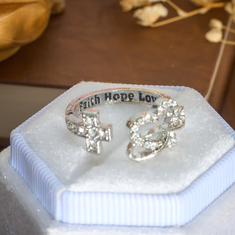 Christianartworkshop Faith Hope Love Engraved Adjustable Alloy Cross & Infinity Heart Ring - image 1