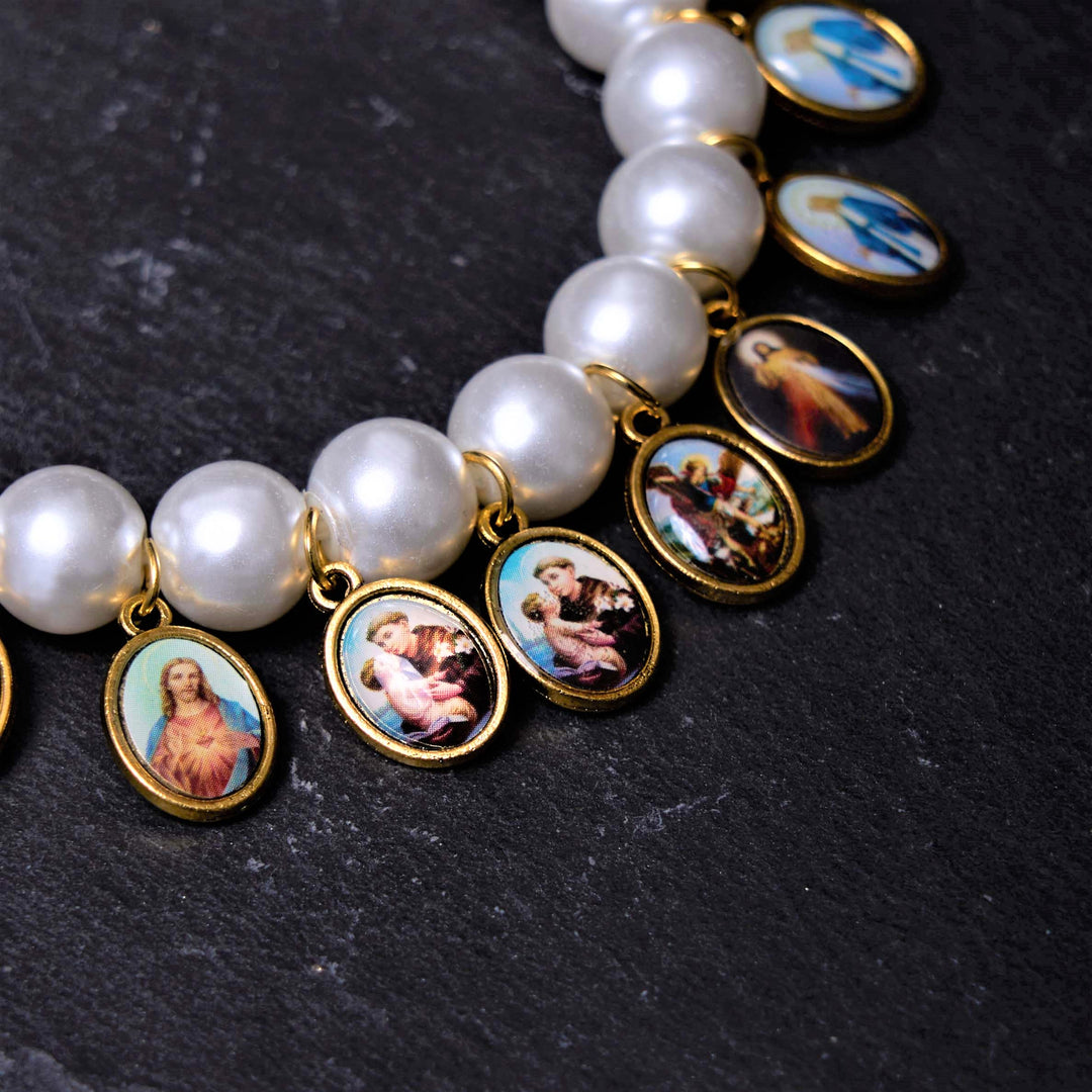 Christian Art Retro Style Saint Jesus Mary Medals Cross Pearl Bracelet