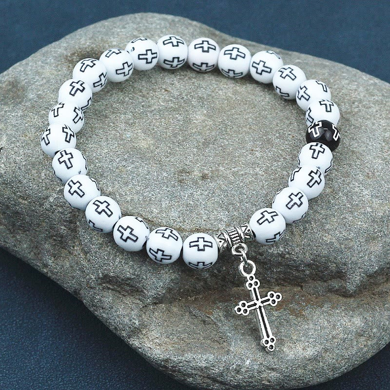 Christian Cross Printed Black & White Bead Bracelet