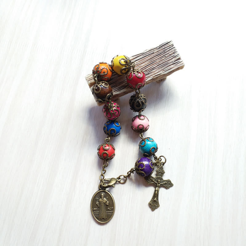 Discount Today: Antique Colors Wood Bracelet with St. Benedict & Crucifix