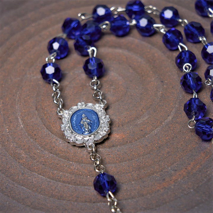 Christian Art Miraculous Medal & Cross of 8 mm Polyhedron Blue Crystal Alloy Chain Rosary