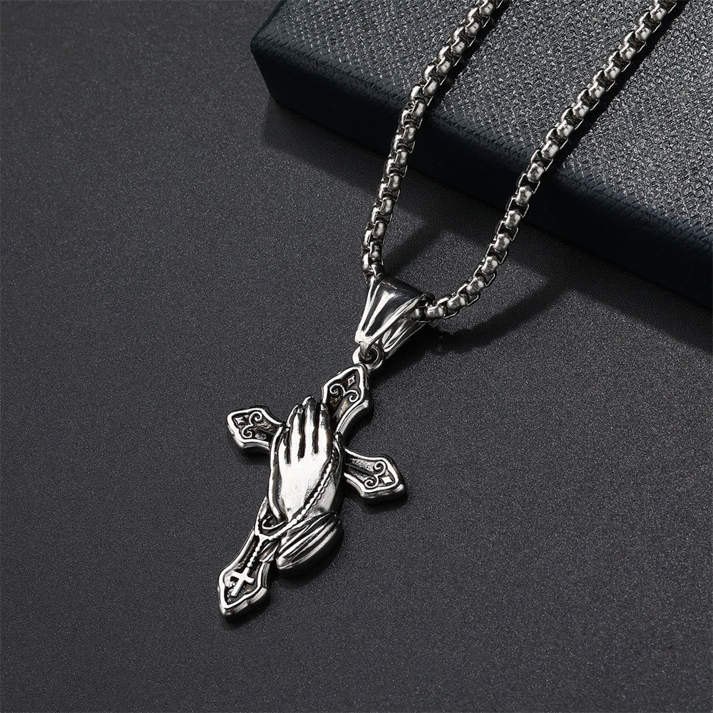 Praying Hands Cross Stainless Steel Pendant Necklace