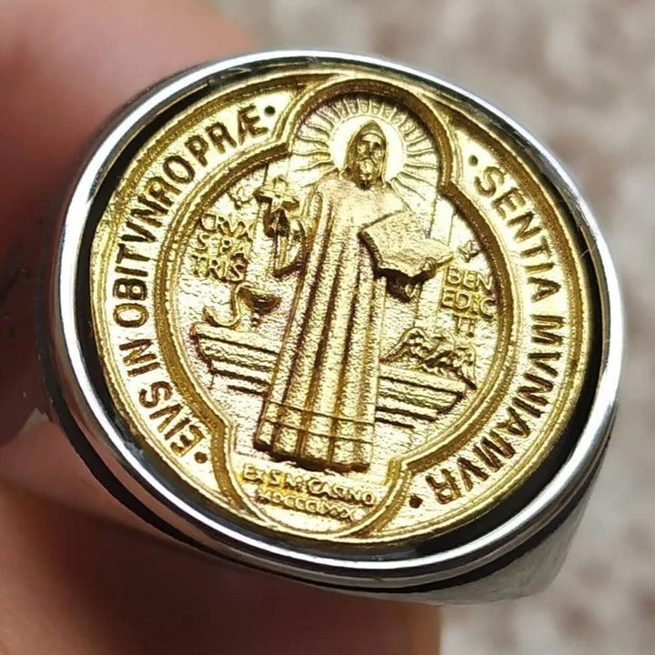 Two Tone Catholic St. Benedict Medal Cross Ring