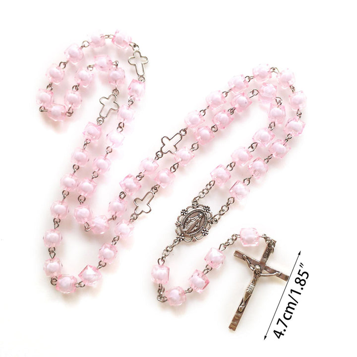 Christianartworkshop Miraculous Medal & Crucifix of 8 mm Square Pink Acrylic Alloy Chain Rosary