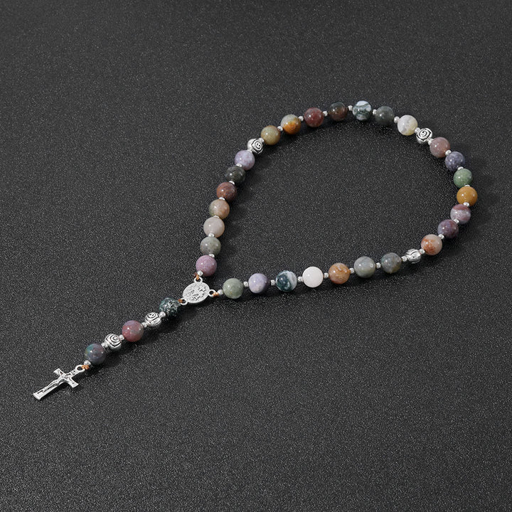 Christian Art Miraculous Medal & Crucifix of 8 mm Round Multicolor Stone Nylon Cord Rosary