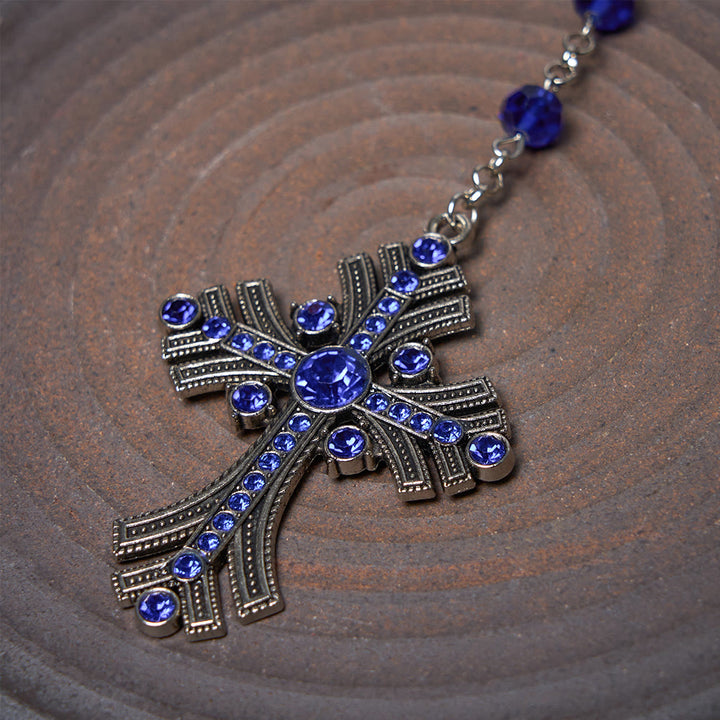 Christianartworkshop Miraculous Medal & Cross of 8 mm Polyhedron Blue Crystal Alloy Chain Rosary