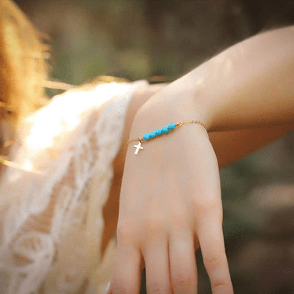 Simple Handmade Turquoise Beaded Cross Charm Bracelet