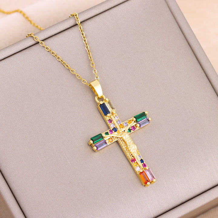 Retro Bohemian Style Colored Zirconia Cross Titanium Steel Necklace